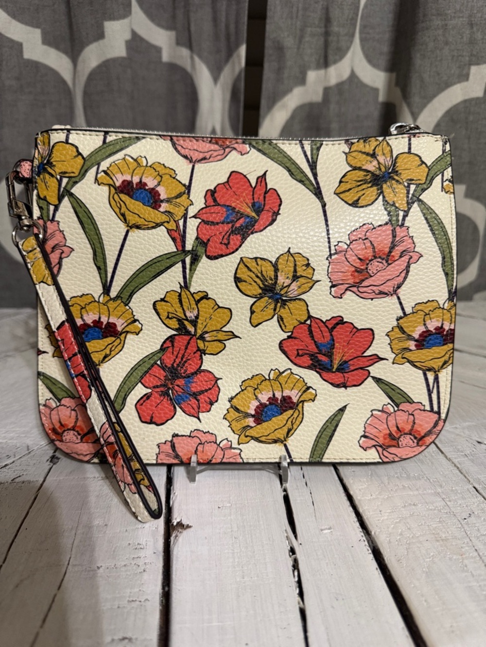 Steve Madden Floral Wristlet Clutch in Cream with Red, Pink & Yellow Blooms